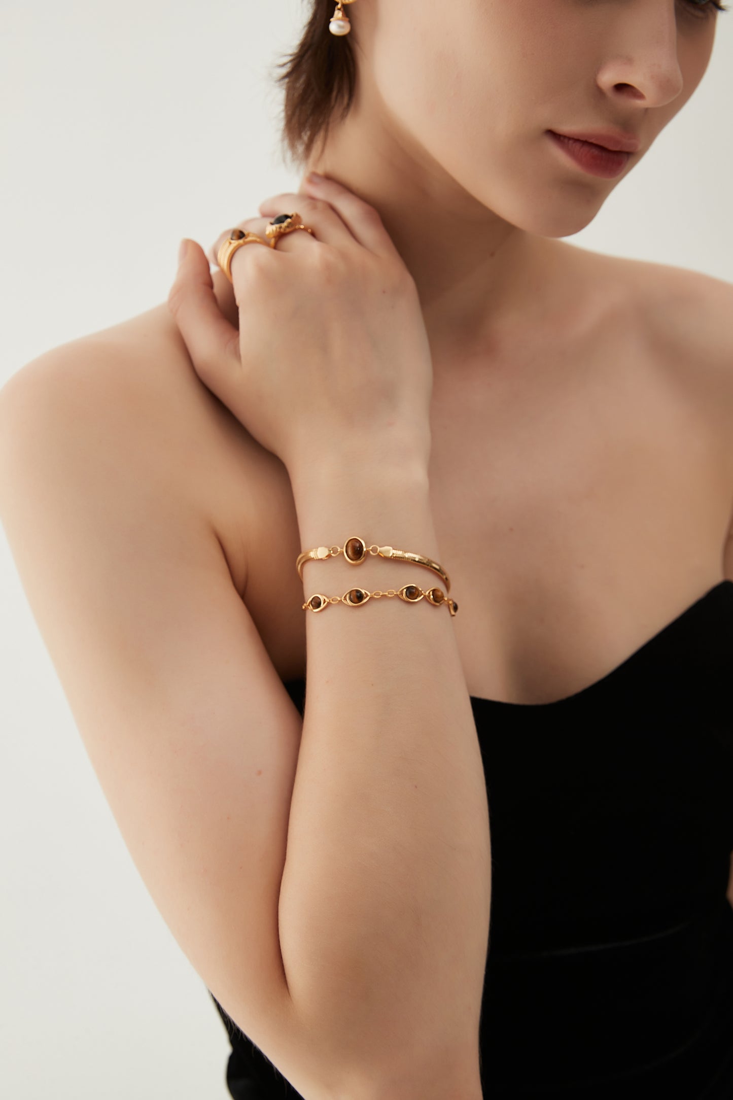 GEM GAZE VINTAGE GOLD TIGER EYE STERLING SILVER SNAKE CHAIN BRACELET, 9 MOTIFS