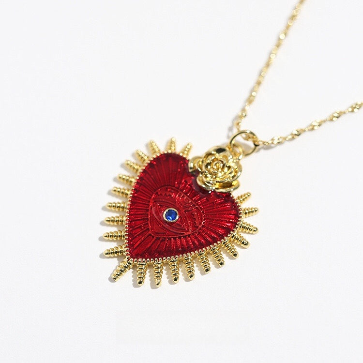 RADIANT LOVE ADJUSTABLE NECKLACE WITH RED ENAMEL HEART AND BLUE STONE