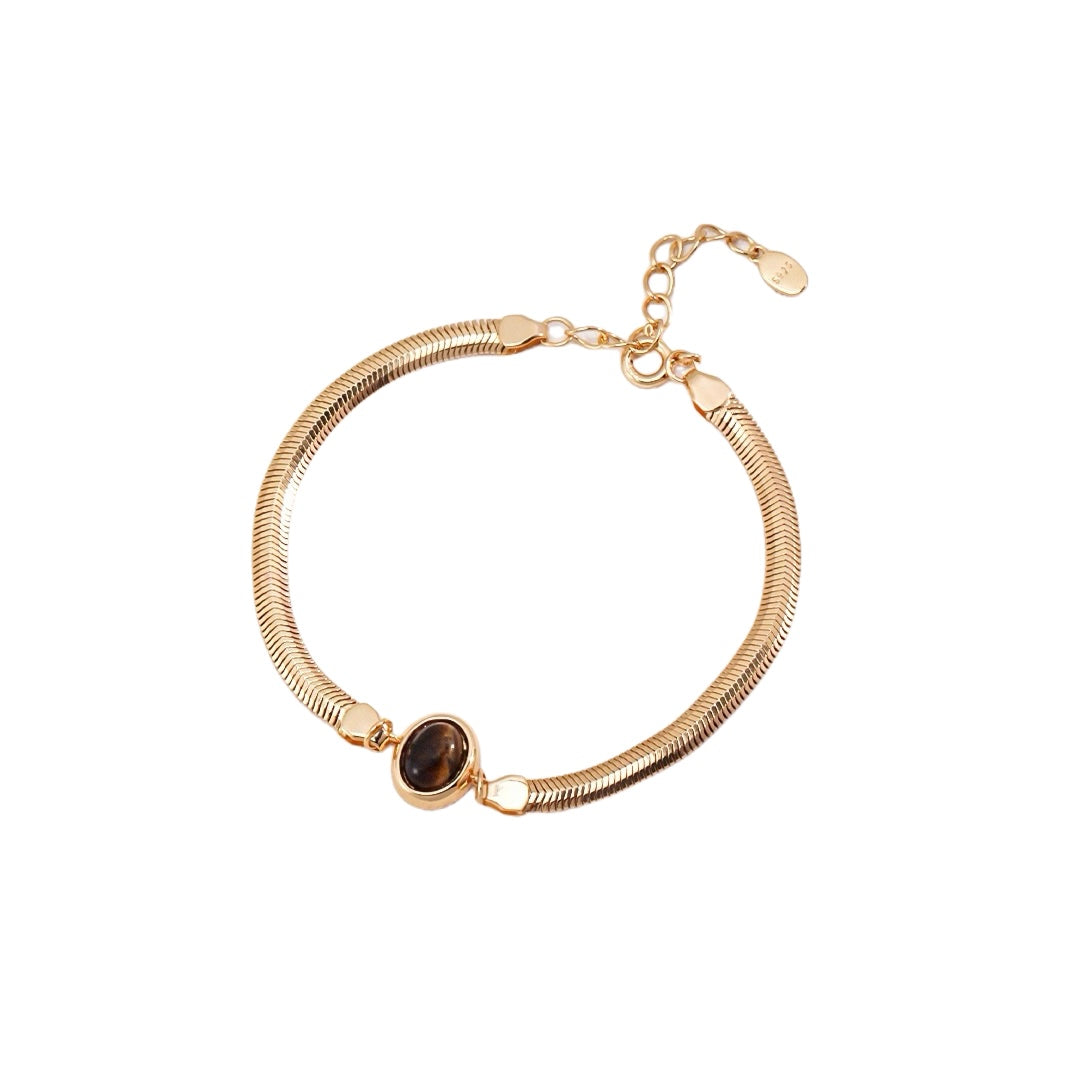 GEM GAZE TIGER EYE STERLING SILVER SNAKE CHAIN BRACELET, SINGLE MODEL