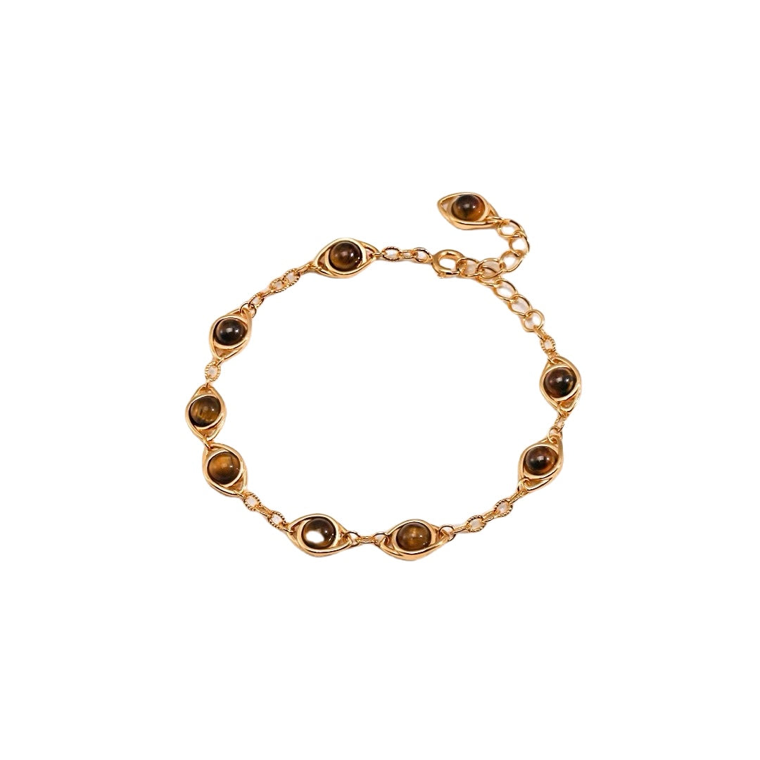 GEM GAZE VINTAGE GOLD TIGER EYE STERLING SILVER SNAKE CHAIN BRACELET, 9 MOTIFS