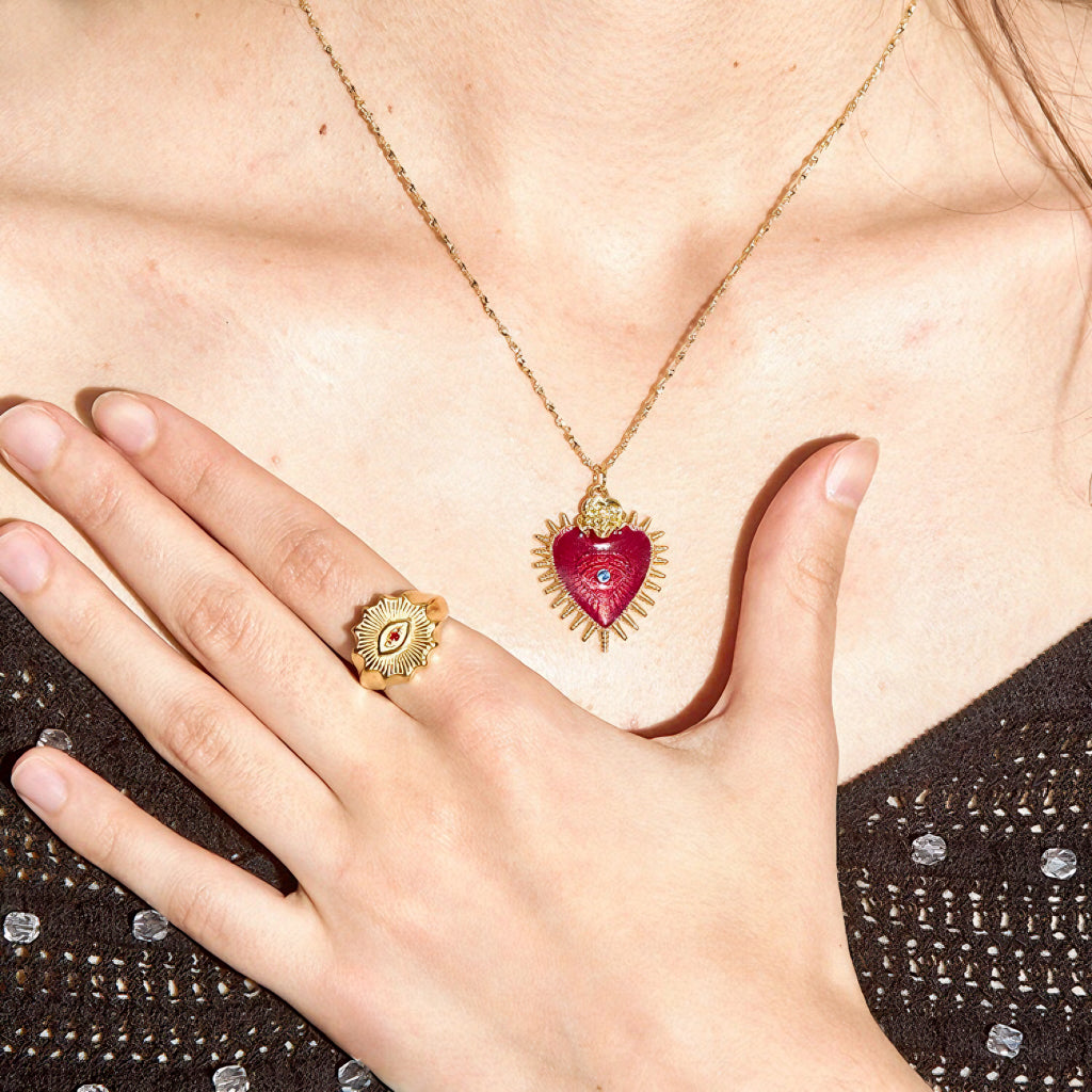 RADIANT LOVE ADJUSTABLE NECKLACE WITH RED ENAMEL HEART AND BLUE STONE