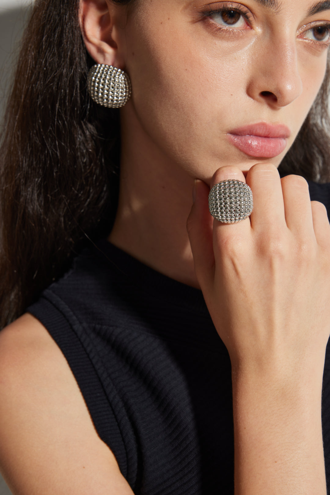 CLASSIC SILVER HONEYCOMB HOLLOW ROUND BEAD EARRINGS