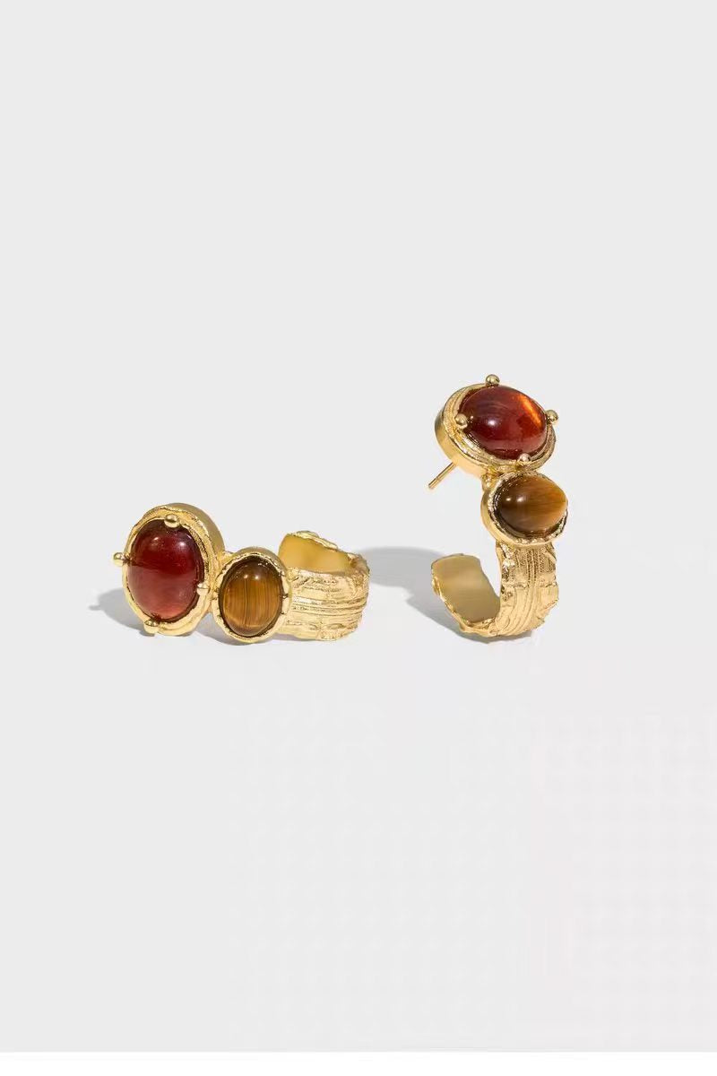 GEM GAZE GOLDEN VINTAGE RED AGATE & TIGER'S EYE EARRINGS
