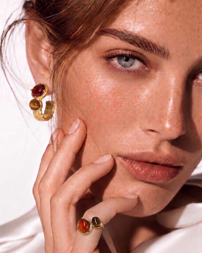 GEM GAZE GOLDEN VINTAGE RED AGATE & TIGER'S EYE EARRINGS