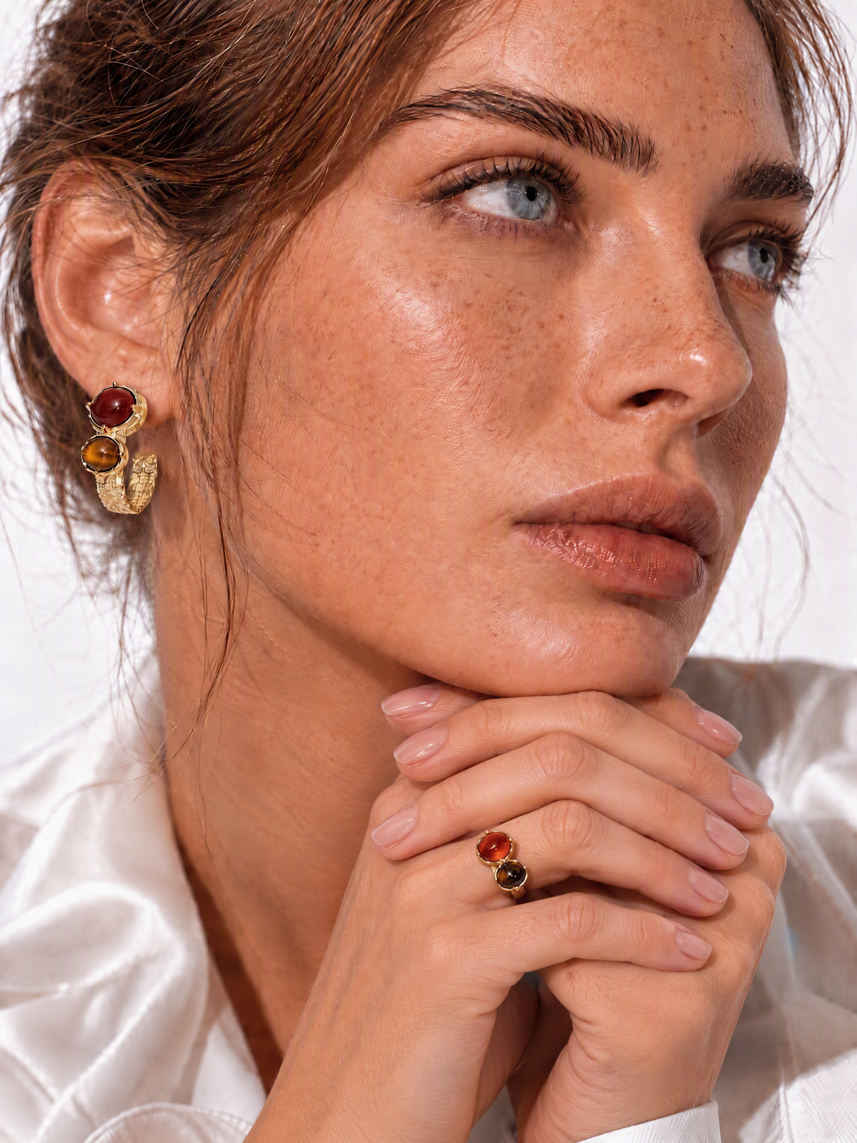 GEM GAZE GOLDEN VINTAGE RED AGATE & TIGER'S EYE RING